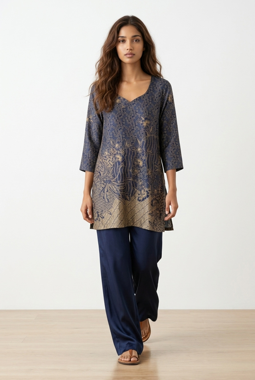 Mido Batik Halus Pure Linen Silk V-Neck Tunic Top
